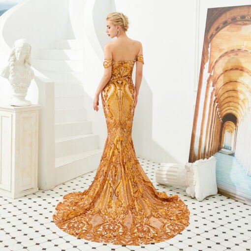 Gold Mermaid Prom Dress Sexy Off The Shoulder With Train - Image 3