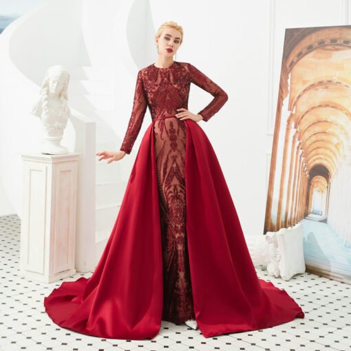 Mermaid Dress With Detachable Train Long Sleeve Sequin Evening Gown - Image 9