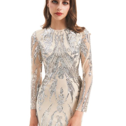 Mermaid Dress With Detachable Train Long Sleeve Sequin Evening Gown - Image 3