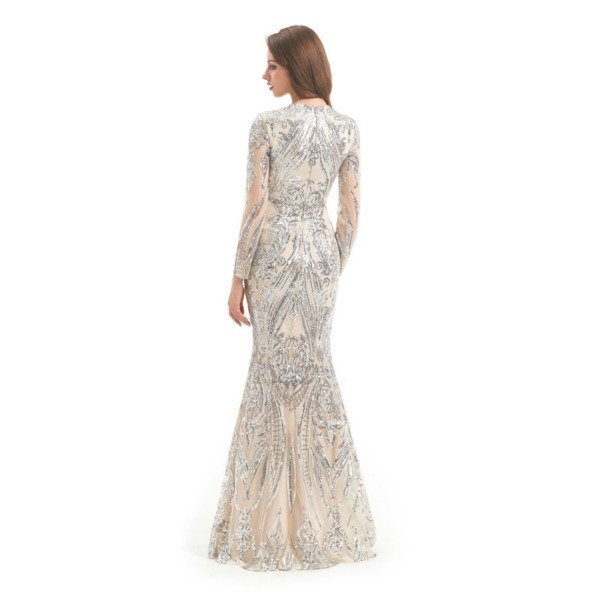 Mermaid Dress With Detachable Train Long Sleeve Sequin Evening Gown - Image 6
