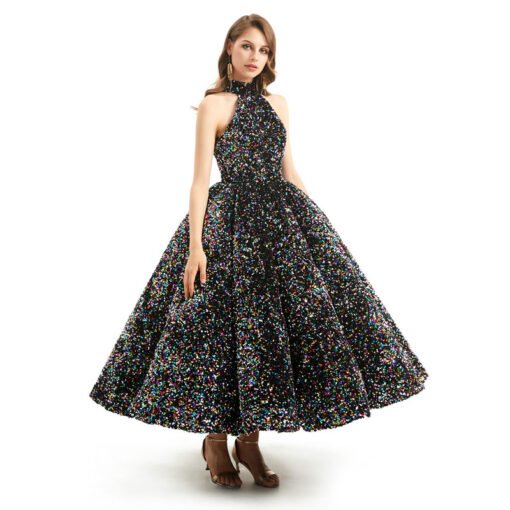 Tea Length Ball Gown Prom Dress Halter Sleeveless Sequin Quinceanera - Image 3