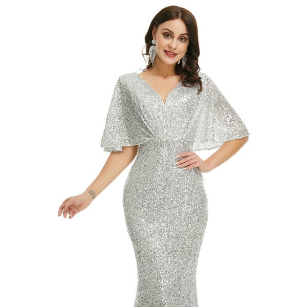 Batwing Sleeve Prom Dress V Neck Mermaid Sequins Formal Dress - Image 7