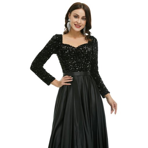 Black Sequins Prom Dress A Line Long Sleeve Evening Dress - Image 7