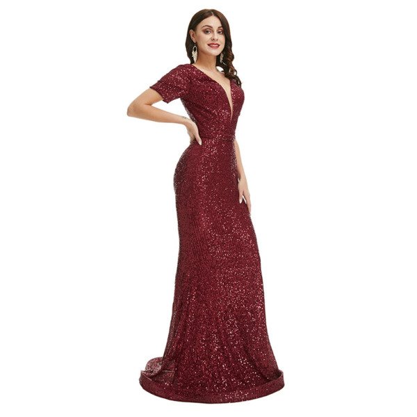 Burgundy Mermaid Prom Dress V Neck Sequins Bling Evening Dress - Image 3