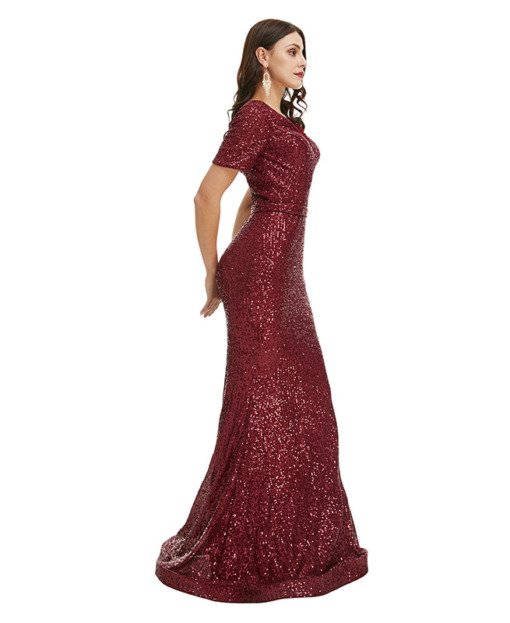 Burgundy Mermaid Prom Dress V Neck Sequins Bling Evening Dress