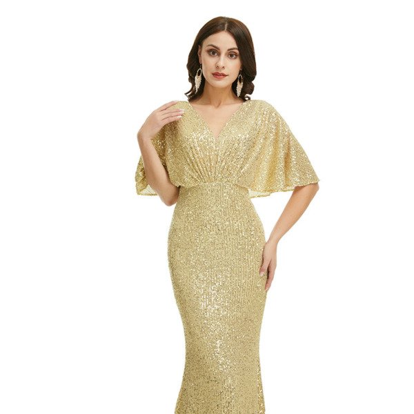 Gold Sequins Prom Dress Bating Sleeve V Neck Mermaid Formal Dress - Image 7