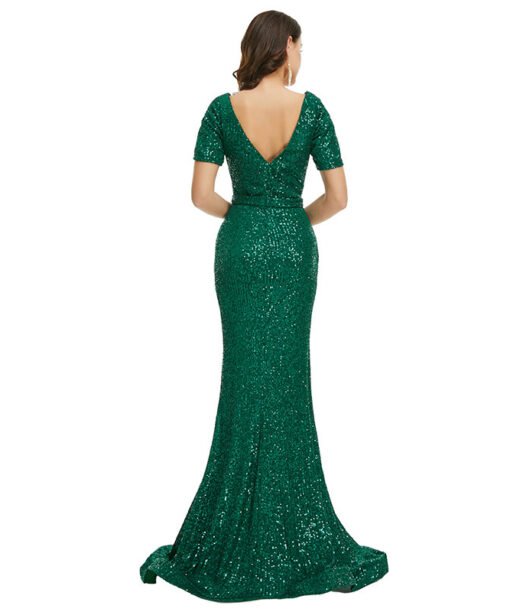Alternative view of Green Sequin Prom Dress V Neck Mermaid Open Back Formal Dress