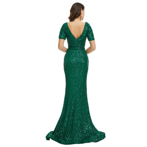 Green Sequin Prom Dress V Neck Mermaid Open Back Formal Dress - Image 2