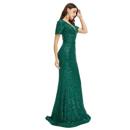 Green Sequin Prom Dress V Neck Mermaid Open Back Formal Dress - Image 3