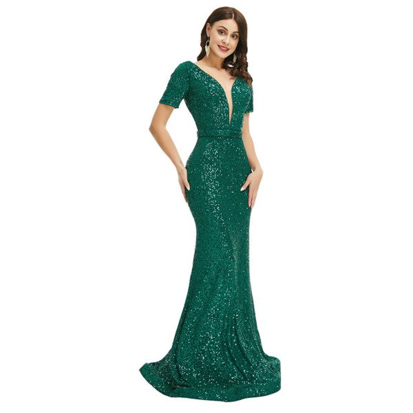 Green Sequin Prom Dress V Neck Mermaid Open Back Formal Dress - Image 4
