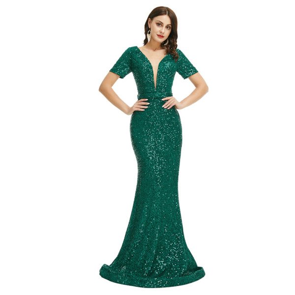 Green Sequin Prom Dress V Neck Mermaid Open Back Formal Dress - Image 5