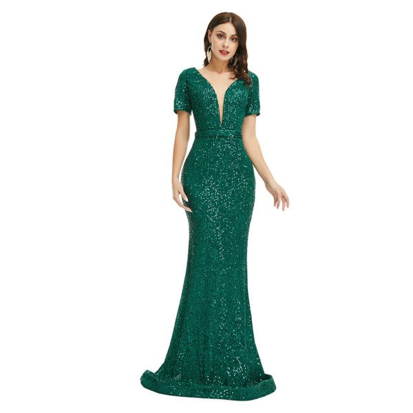 Green Sequin Prom Dress V Neck Mermaid Open Back Formal Dress - Image 6