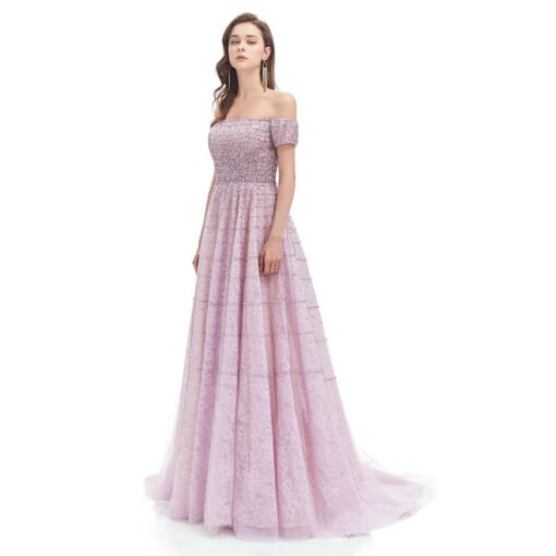 Lavender Prom Dresses Off The Shoulder A Line Beaded Lace Formal Dress - Image 5