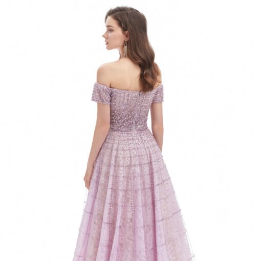 Lavender Prom Dresses Off The Shoulder A Line Beaded Lace Formal Dress - Image 7