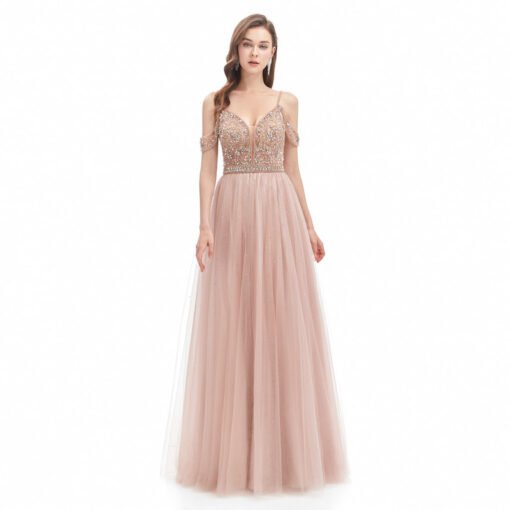 Pink Backless Prom Dress Beaded Sexy A Line Wedding Guest Dress - Image 3