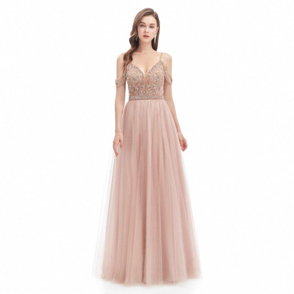Pink Backless Prom Dress Beaded Sexy A Line Wedding Guest Dress - Image 3