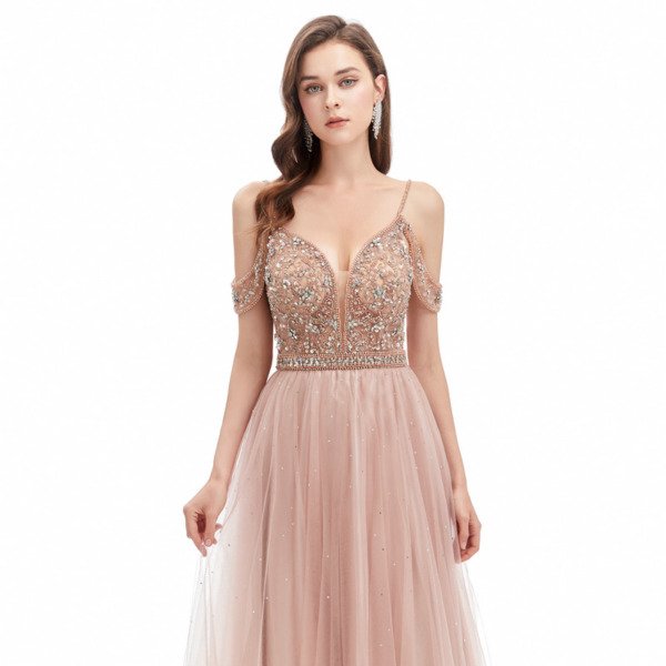 Pink Backless Prom Dress Beaded Sexy A Line Wedding Guest Dress - Image 5