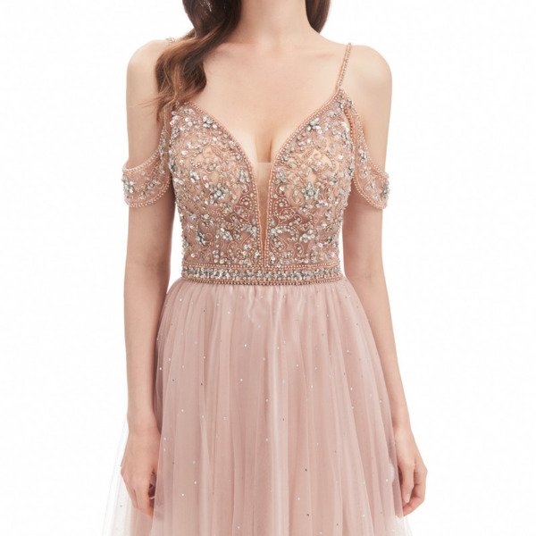 Pink Backless Prom Dress Beaded Sexy A Line Wedding Guest Dress - Image 2