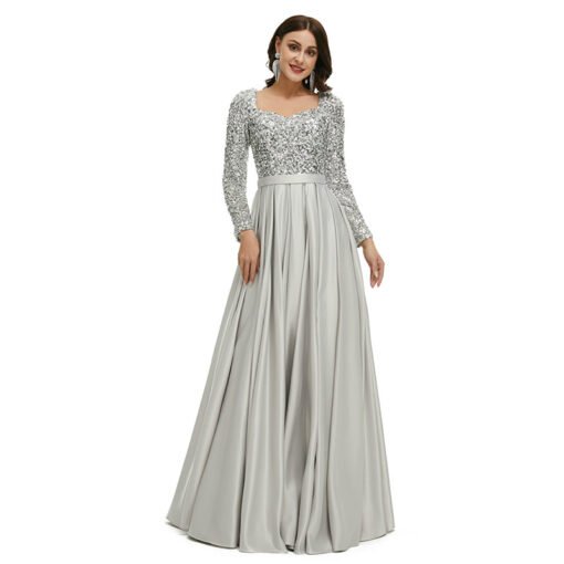 Silver Satin Prom Dress Sequins A Line Long Sleeve Formal Dress - Image 6