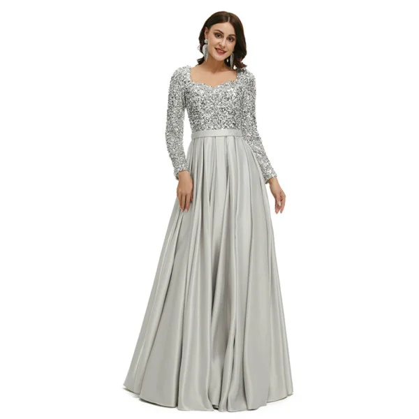 Silver Satin Prom Dress Sequins A Line Long Sleeve Formal Dress - Image 6