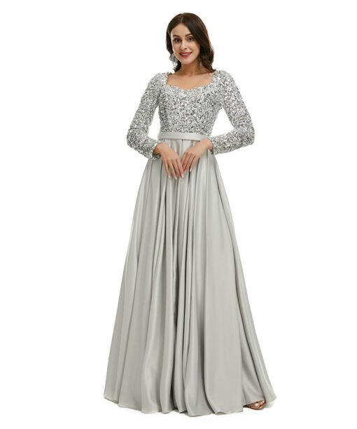silver satin prom dress 1341-004