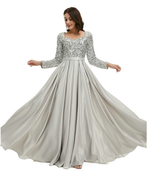 silver satin prom dress 1341-005