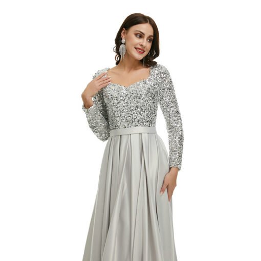 Silver Satin Prom Dress Sequins A Line Long Sleeve Formal Dress - Image 7