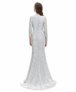 Alternative view of Silver Sequin Prom Dress High Neck Long Sleeve Mermaid Evening Dress