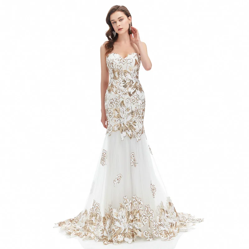 White And Gold Prom Dress Strapless Mermaid Wedding Guest Dress - Image 4