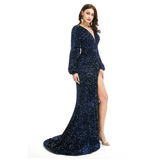Blue Prom Dress With Slit V Neck Mermaid Long Sleeve With Train - Image 3