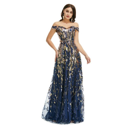 Blue Sequin Prom Dress Off The Shoulder A Line Formal Dress - Image 5