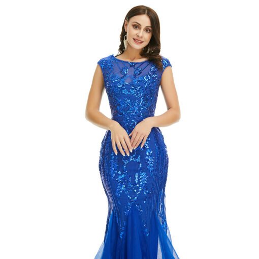 Blue Sequins Prom Dress Mermaid Formail Dress With Train - Image 5