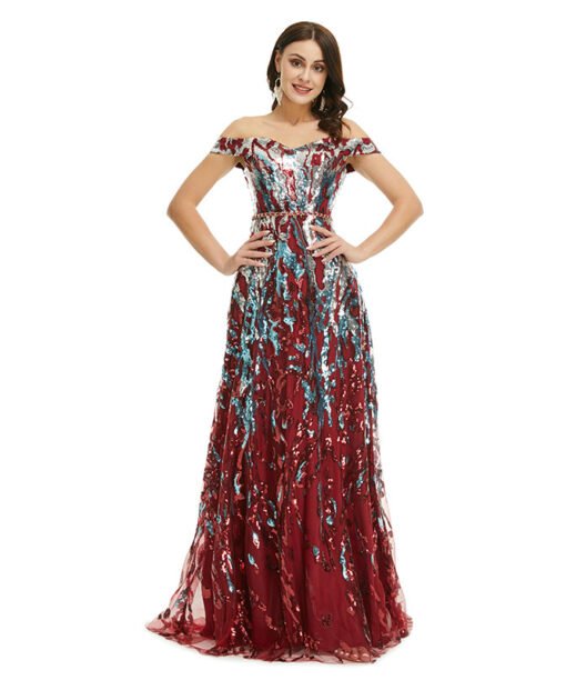 Alternative view of Burgundy Long Prom Dress Off The Shoulder A Line Sequins Formal Dress