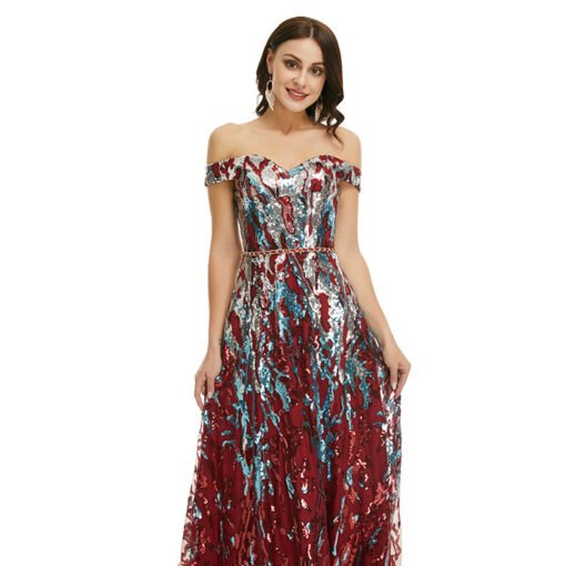 Burgundy Long Prom Dress Off The Shoulder A Line Sequins Formal Dress - Image 6