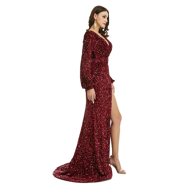Burgundy Sequin Dress V Neck Mermaid Sequin Slit Evening Dress - Image 3