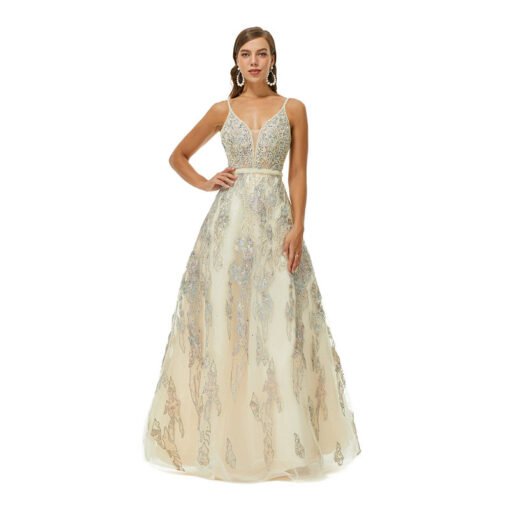 Champagne Wedding Guest Dress Strap A Line Lace Formal Dress - Image 3
