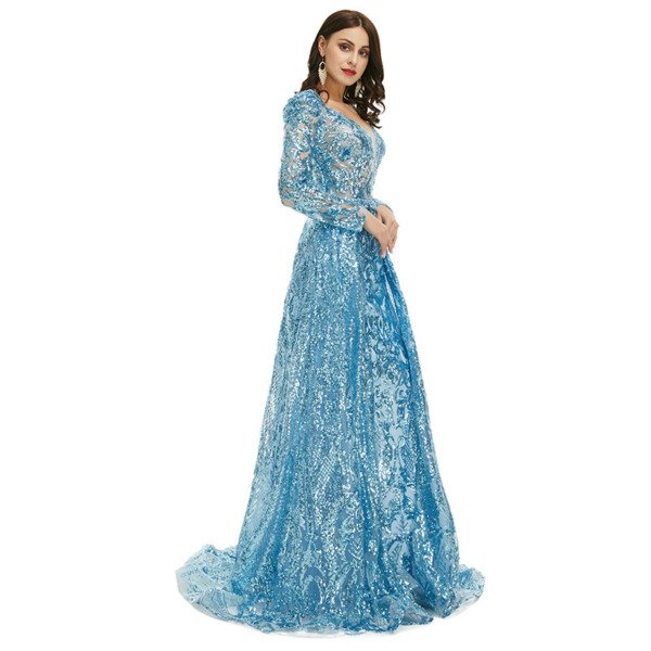 Detachable Train Prom Dress Blue Long Sleeve Sequin Formal Dress - Image 6
