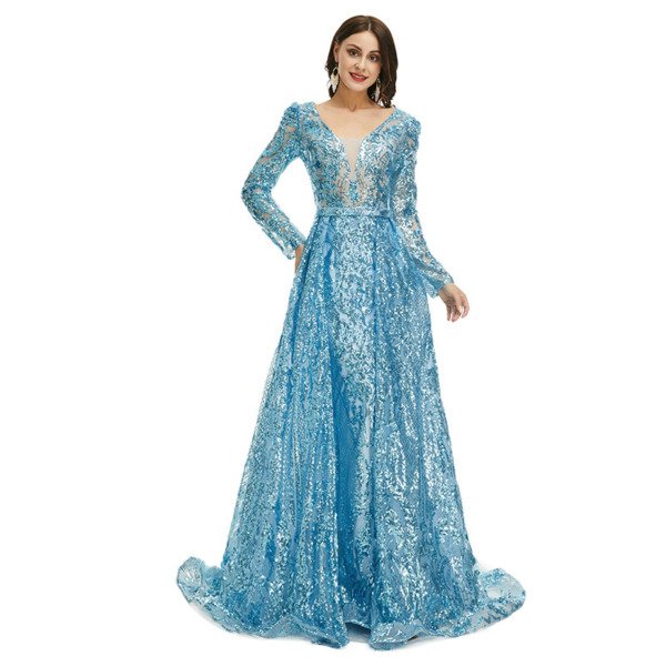 Detachable Train Prom Dress Blue Long Sleeve Sequin Formal Dress - Image 4