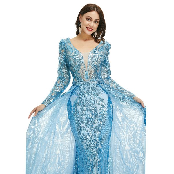 Detachable Train Prom Dress Blue Long Sleeve Sequin Formal Dress - Image 7