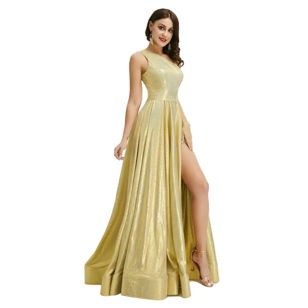 Gold Prom Dress With Slit One Shoulder A Line Wedding Guest Dress - Image 4
