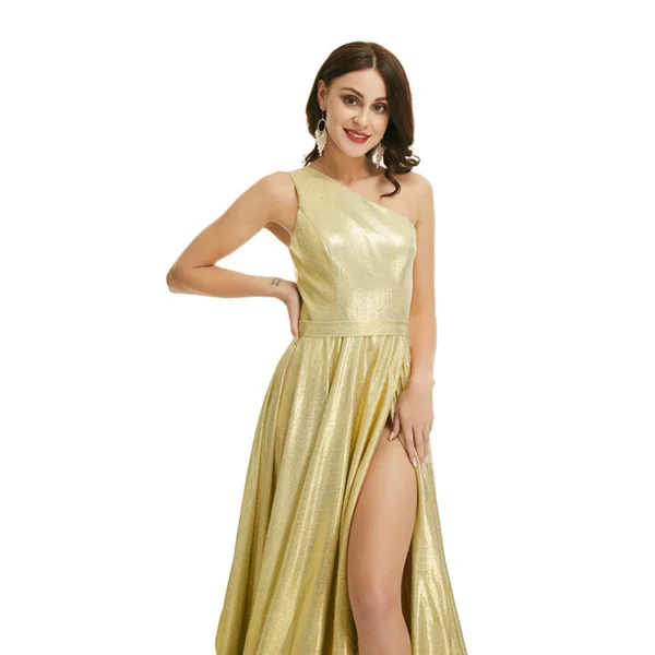 Gold Prom Dress With Slit One Shoulder A Line Wedding Guest Dress - Image 6