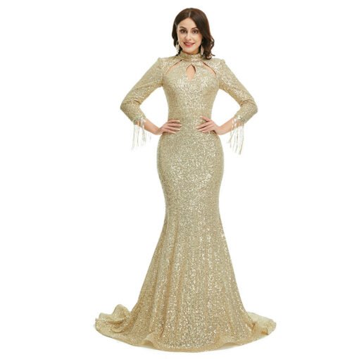 Gold Sequin Gown High Neck Mermaid Long Sleeve Wedding Guest Dress - Image 5