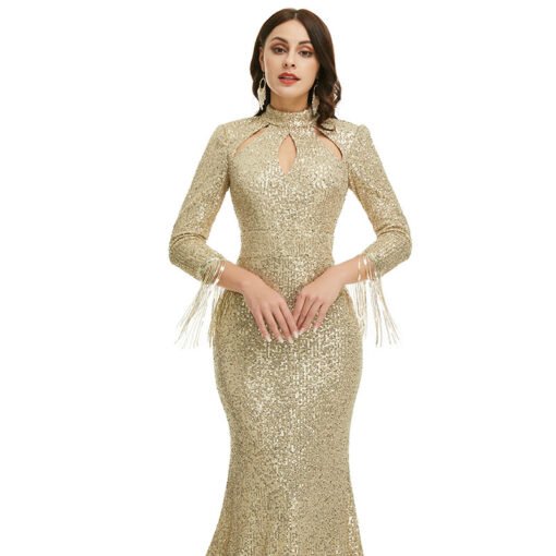 Gold Sequin Gown High Neck Mermaid Long Sleeve Wedding Guest Dress - Image 6