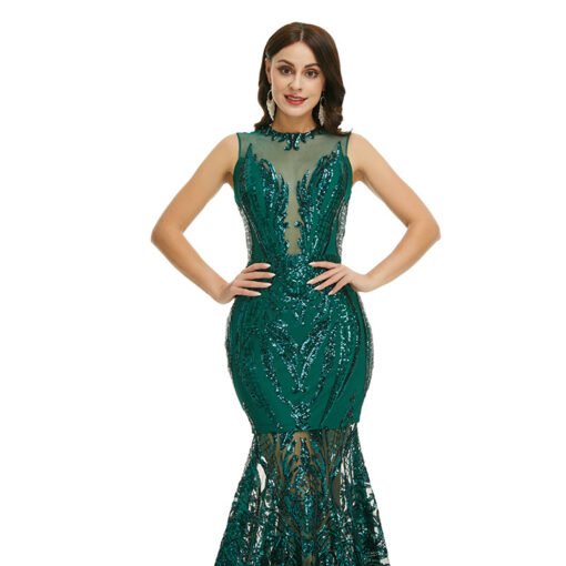 Green Mermaid Prom Dress Sequins Sexy Sleeveless Formal Dress - Image 6