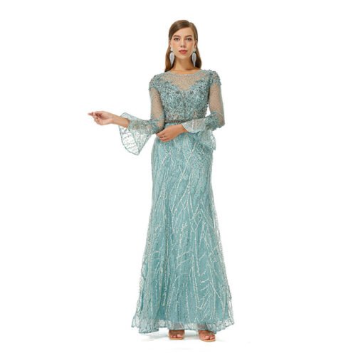 Green Wedding Guest Dress Mermaid Long Sleeve Prom Dress - Image 3