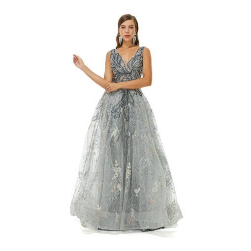 Grey Wedding Guest Dress V Neck A Line Lace Prom Dress - Image 3