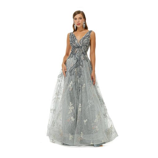 Grey Wedding Guest Dress V Neck A Line Lace Prom Dress - Image 4