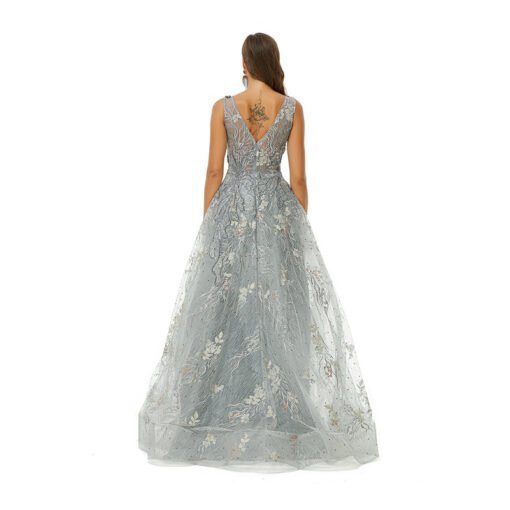 Grey Wedding Guest Dress V Neck A Line Lace Prom Dress - Image 2