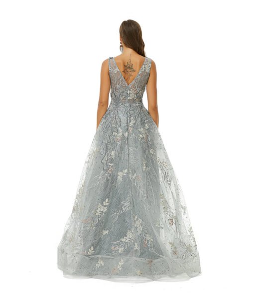 Alternative view of Grey Wedding Guest Dress V Neck A Line Lace Prom Dress