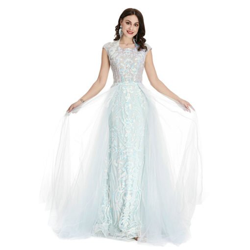 Light Blue Prom dress Cap Sleeve A Line Beaded Lace Formal Dress - Image 4